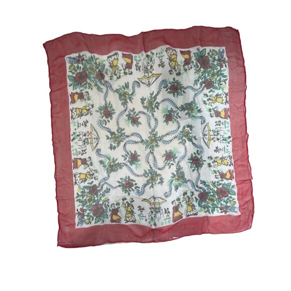 Vintage Floral Sheer Square Scarf Red White Folk Art Bandana Neck Wrap - Picture 2 of 4
